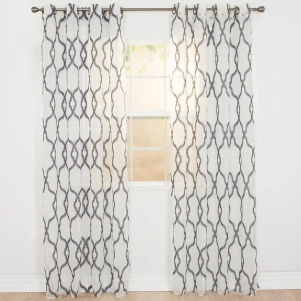 Trellis Emboidered Sheer Grommet Curtain Panel 54 in x 95 in White & Gray NEW